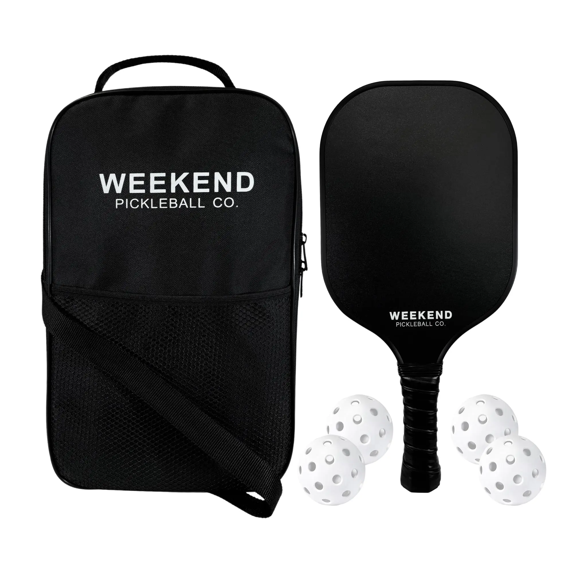 Weekend Pickleball Co, Pickleball Paddles Set of 2 with 4 Balls and Bag, Black, Beginner, Starter, Lightweight, Outdoor, Bundle, Pair, Fiberglass, Cute, Simple, Aesthetic Design