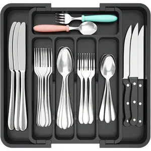 Silverware Drawer Organizer, Expandable Utensil Tray For Kitchen, Adjustable Flatware And Cutlery Holder For Spoons Forks Knives, Plastic Kitchen Organizers And Storage