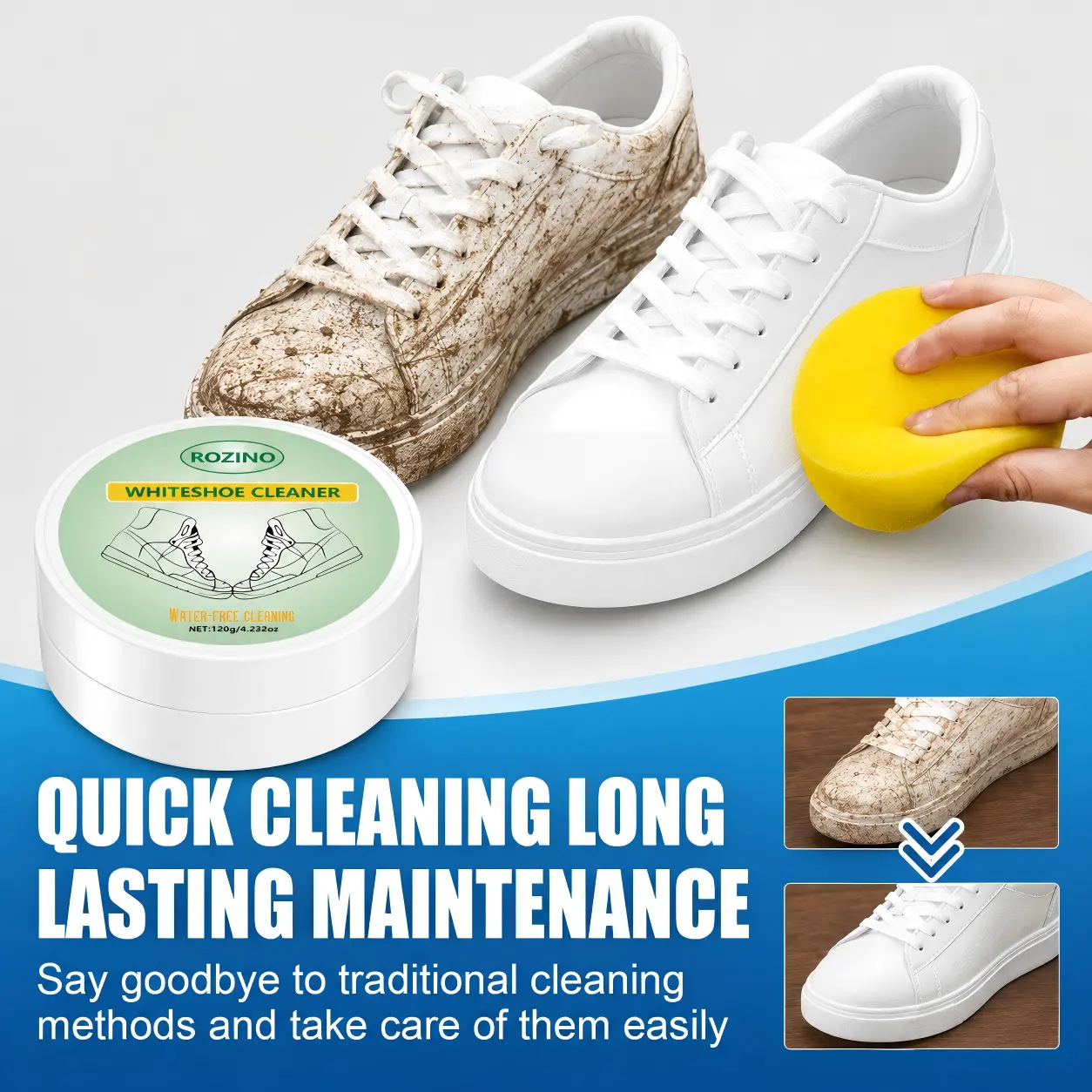 ROZINO Menthol-Fresh White Shoe Polish Cream (4.2 oz/120g) - Water-Free Shoe Cleaner Kit with Sponge, Ideal for Sneakers, Canvas, Rubber Soles & Leather Footwear for Busy Mornings, White Shoe Polish For Sneakers