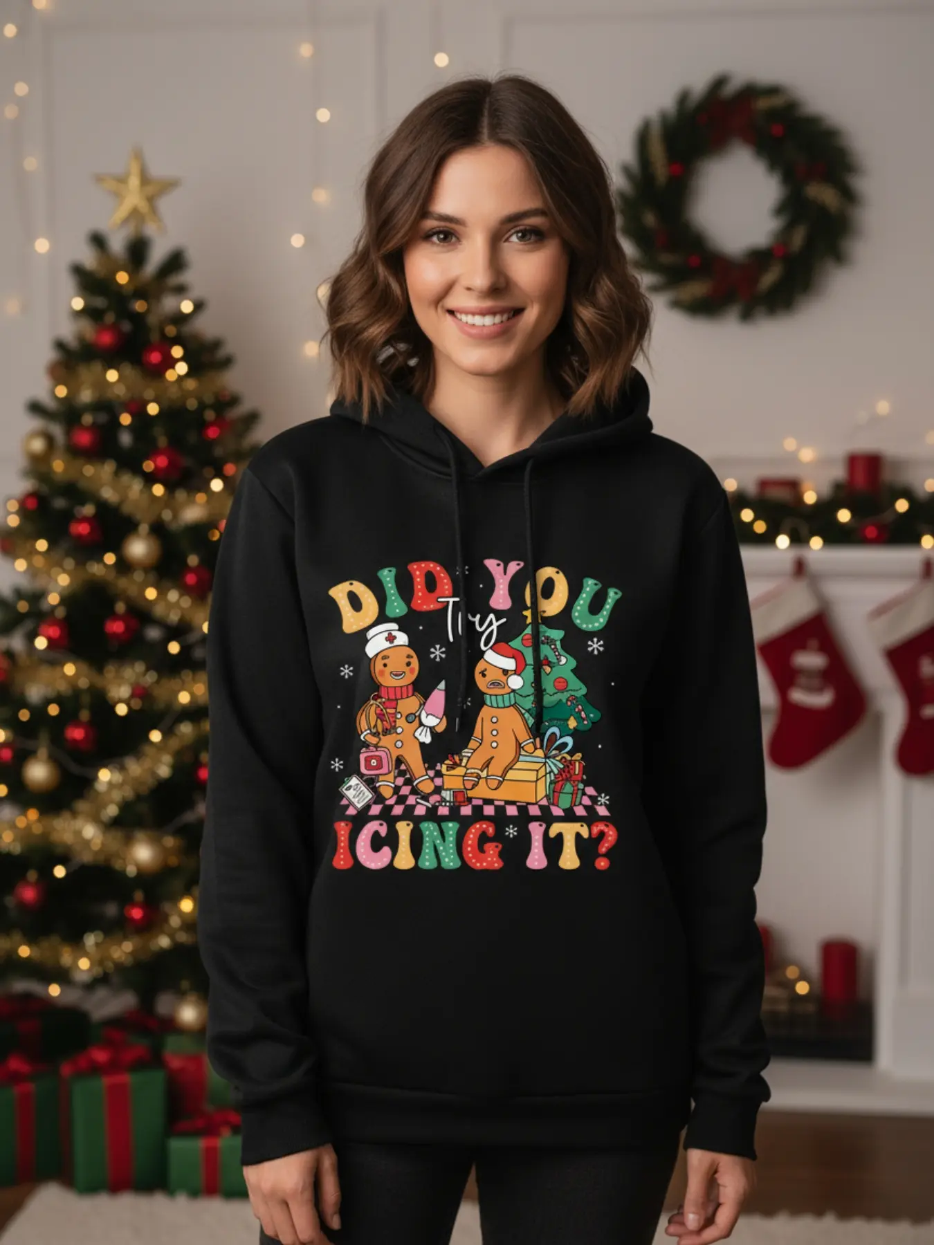 Women's Hooded Sweatshirt, Christmas Cute Cookie Print, Fashion Streetwear, Casual Fall & Winter, Vintage Youth Holiday Style