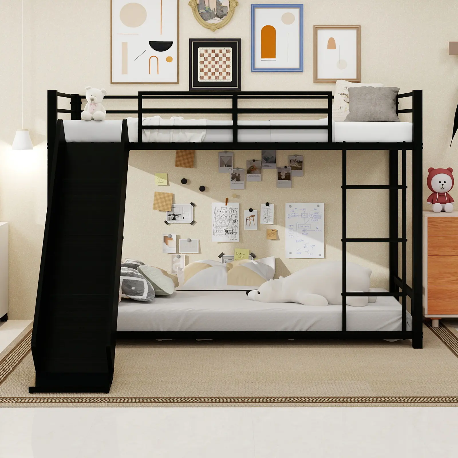 Twin Black Sturdy Metal Loft Bed Frame with Slide, Quick-Install Heavy-Duty Steel Space-Saving High Bed, Long-Lasting Kids Bedroom Furniture