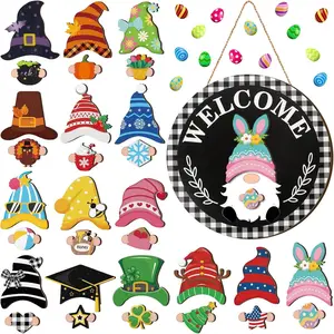 Interchangeable Wooden Gnome Decor Holiday Seasonal Gnome Decorations with Magnet Pieces and Detachable Hats Changeable Welcome Sign  Home(Trendy Style)