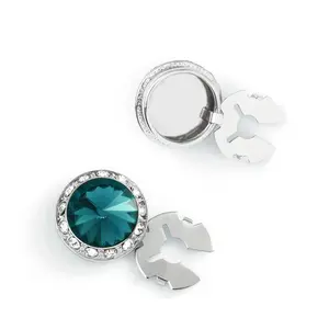 Men's Silver/Blue Zircon Button Cover Cuff-Link With Crystal Stud Centered Surrounded By Crystal Studs