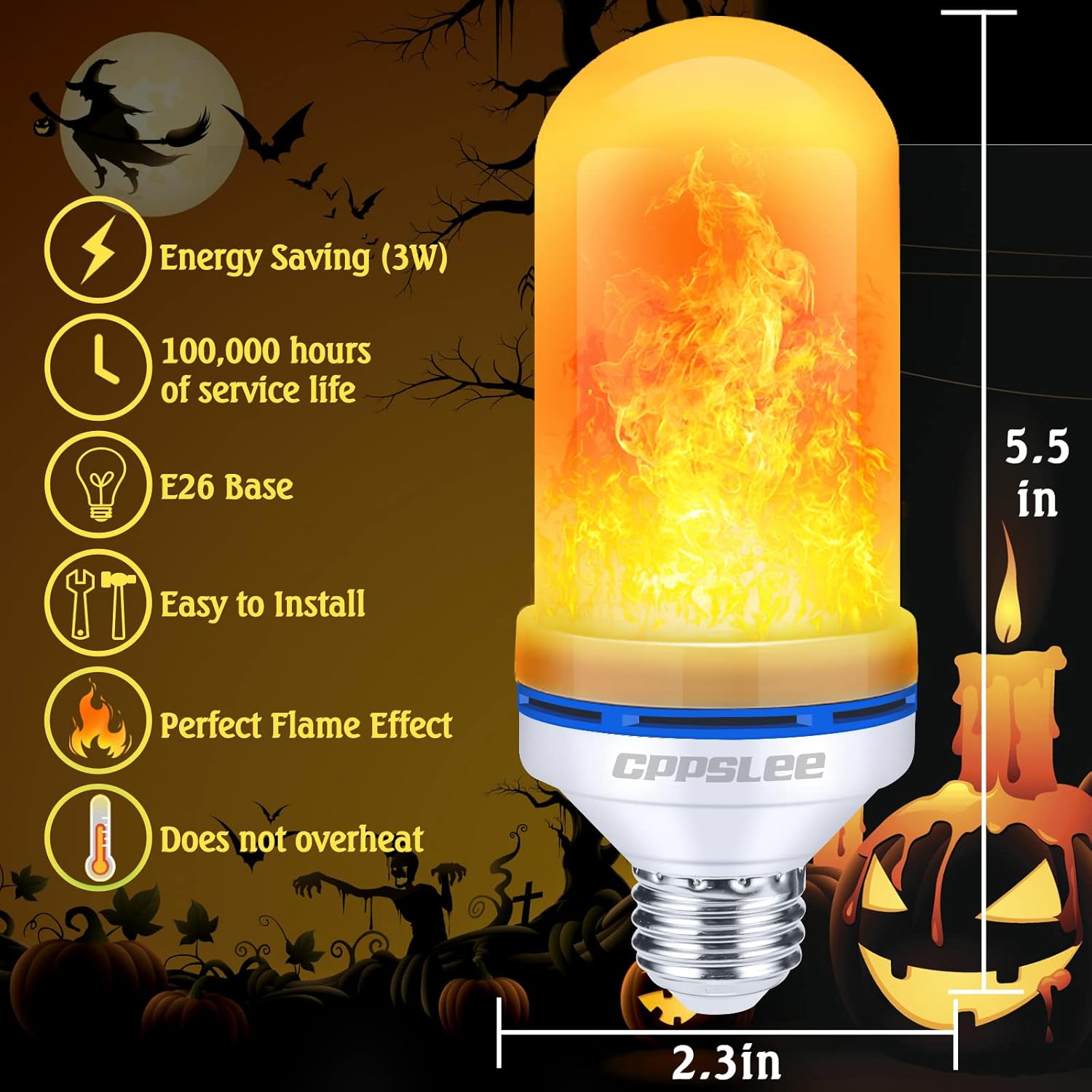 Flame Light Bulbs, 4 Modes Flickering Effect, E26 Base Fire Flame Bulb, Ideal for Halloween and Christmas Party Decorations, Yellow, 2 Pack