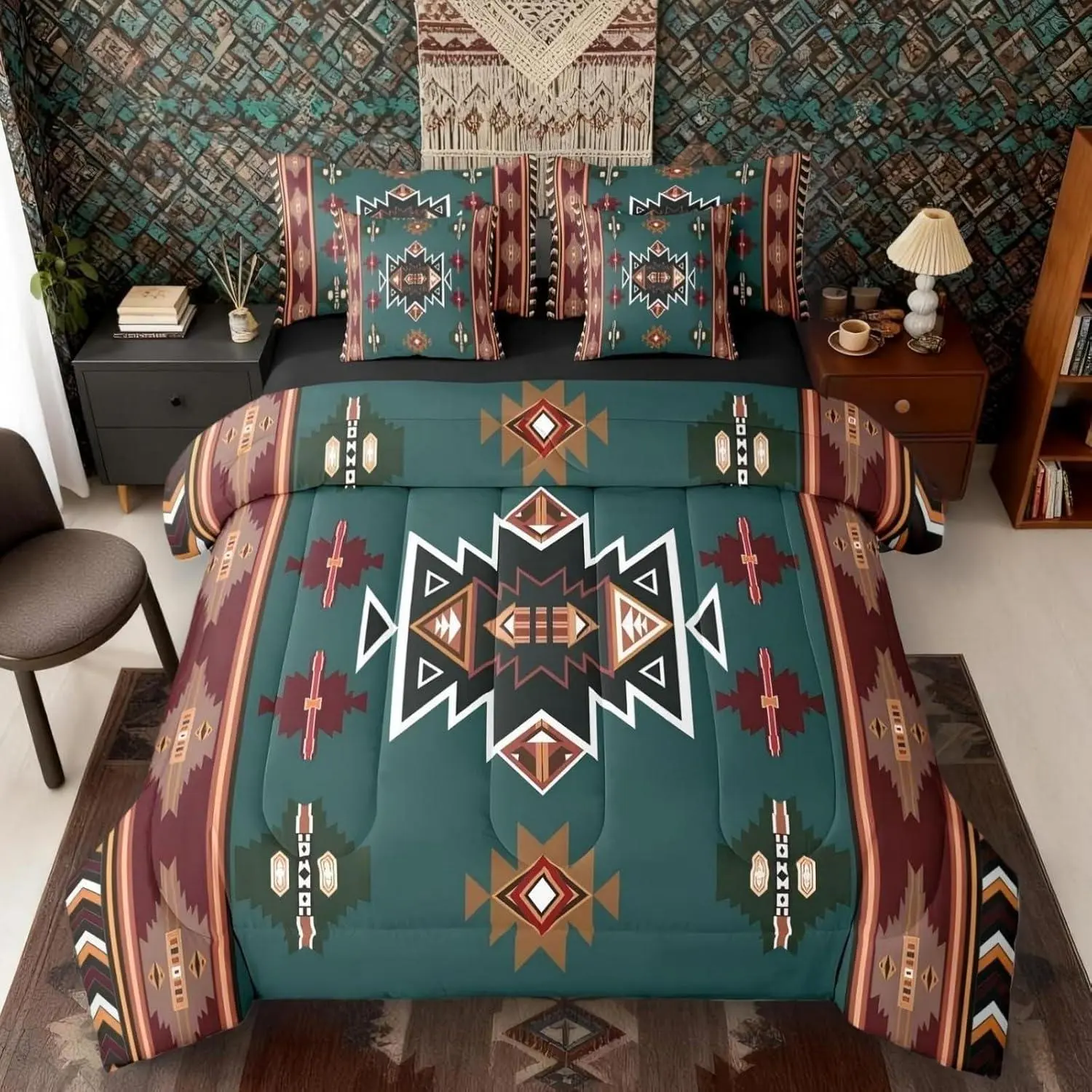 Western Comforter Set with Sheets | Boho Decor Geometric 7-Piece Bedding Set Bohemian Aztec Bed in a Bag,Ethnic Tribe Arrow Bed Sets,Green