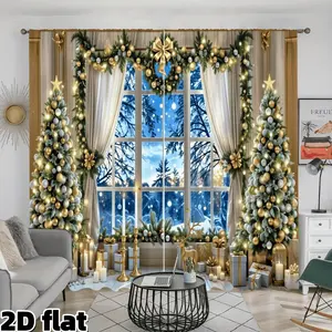 2D Flat 2Pcs Golden Christmas Tree Window Curtain Panel, Luxury Holiday Decor, Winter Snow Scene, Rod Pocket Style, Elegant Living Room Bedroom Seasonal Decoration, Festive Gift Window Accessory , Privacy Protection
