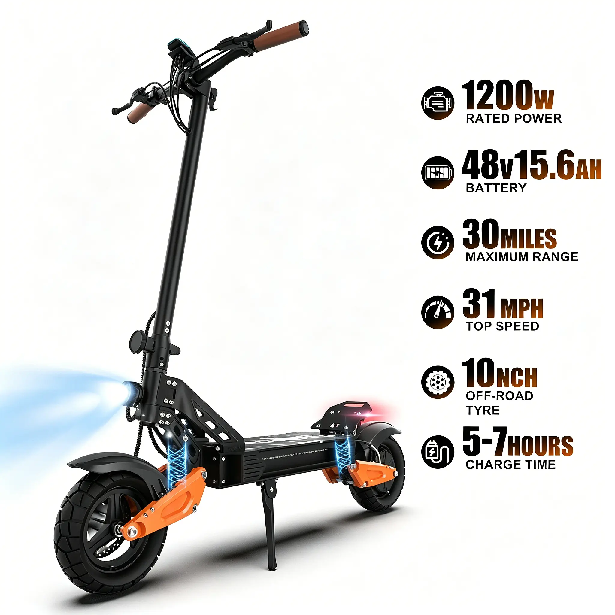 Electric Scooter with RGB Angel-Eye Lights & Side Strips, 48V 15.6Ah Battery, 30Mile Range, 31MPH, 10" Off-Road Tires, IPX5 Waterproof, Dual Disc Brakes, E-ABS, Foldable, Save on Gas, Perfect Night Ride & Daily Commute