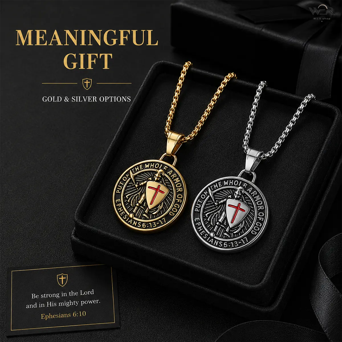 Armor of God Knight Cross Pendant Necklace - Gold/Silver Tone, Long, Knight with Shield, Red Cross Design, Powerful Faith Jewelry for Men, Meaningful Daily Wear Gift Accessory