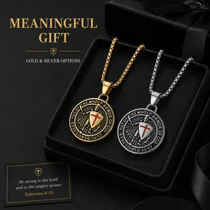 Armor of God Knight Cross Pendant Necklace - Gold/Silver Tone, Long, Knight with Shield, Red Cross Design, Powerful Faith Jewelry for Men, Meaningful Daily Wear Gift Accessory