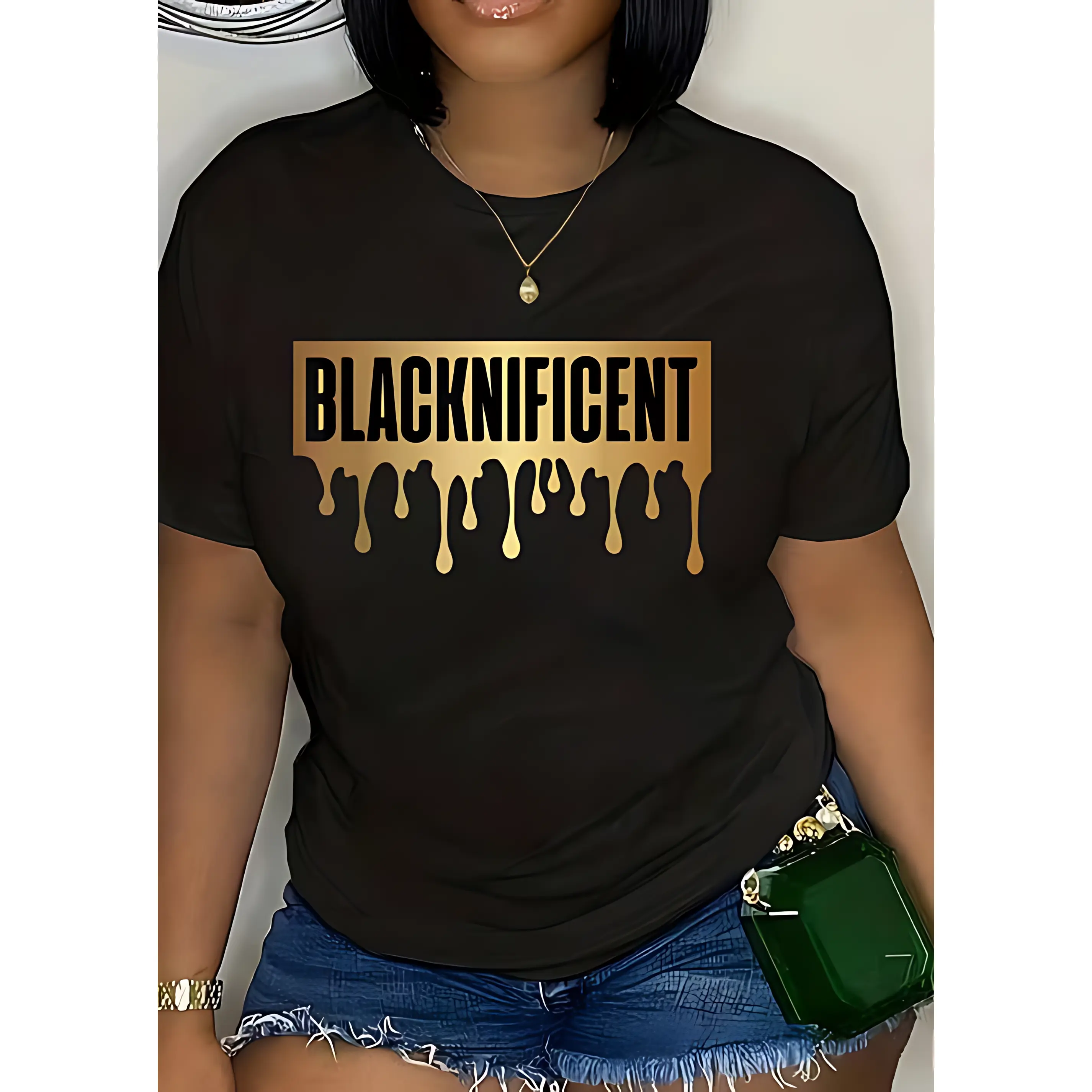 Women's Short-Sleeve Top Blacknificent Gold Drip Design Print Outdoor Leisure