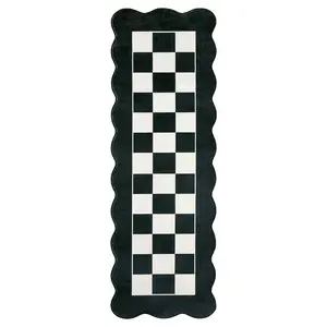 Pearl Velvet Washable Foldable Printed Rug, Geometric Wave Checkerboard, Suitable for Any Room