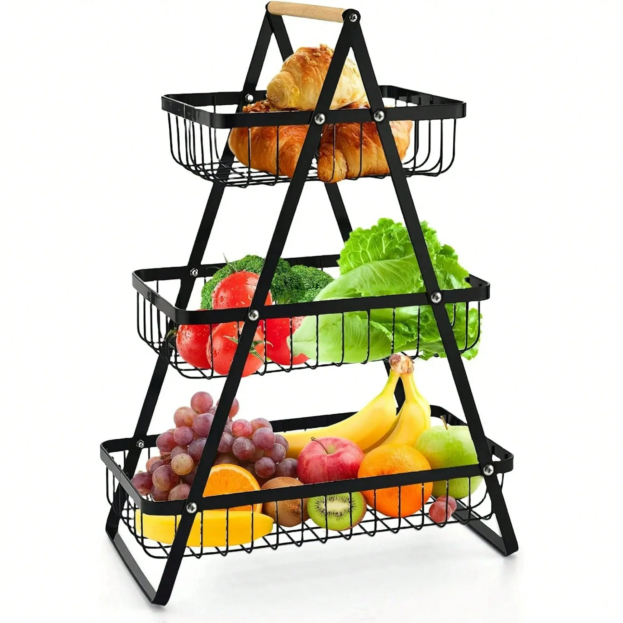 TAIMASI TAIMASI 2/3-Tier Metal Fruit Basket With Wooden Handles - Multi-Purpose Organizer For Kitchen & Bathroom | Stores Fruits, Vegetables, Bread & Pasta | Detachable Portable Design - Seasonal Pick For: • Labor Day Entertaining Prep