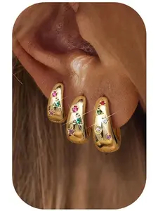 3Pairs Golden Hoop Earrings Set for Women -  Chunky Golden Huggie Earrings Small  Golden Filled Earrings Lightweight Hypoallergenic MultiColored CZ Hoop Earrings Stacks for Multiple Piercing