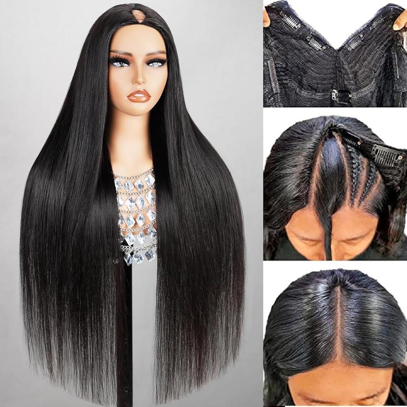 【Updated with Drawstring】Mamushow V Part Wigs With Invisible Strap Drawstring 100% Human Virgin Hair Body Wave Glueless Wig 180% Density Curly Wigs Natural Black