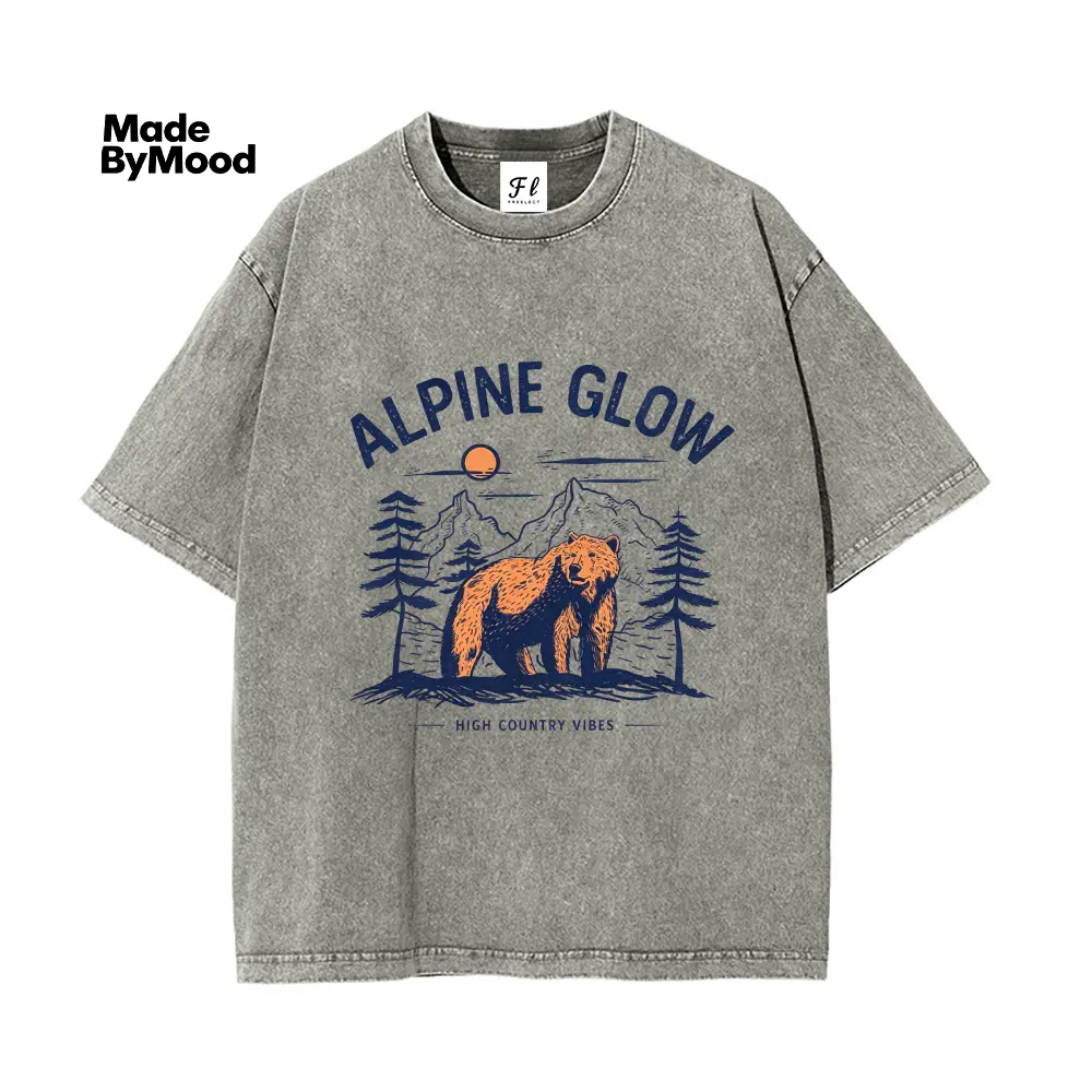 Men's Washed Oversized Short-Sleeve Casual T-Shirt - Unisex Vintage Bear Graphic, Alpine Glow Mountain Print, Outdoor Hiking Camping Menswear Streetwear Top, Shortsleeve