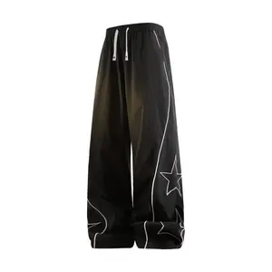 Men’s striped straight-leg casual long pants with star embroidery and a drapey curved hem; a distinctive, relaxed fit with a loose cut.