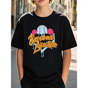 Boys' Baseball Graphic T-Shirt - Black Ice Cream Soft Stretchy Crew Neck Short Sleeve Shirt, Suitable for Sports And Casual Wear, an Ideal Birthday Or Back-To-School Gift for Young Athletes And Sports Fans, Featuring a Fun Design And Comfortable Fit