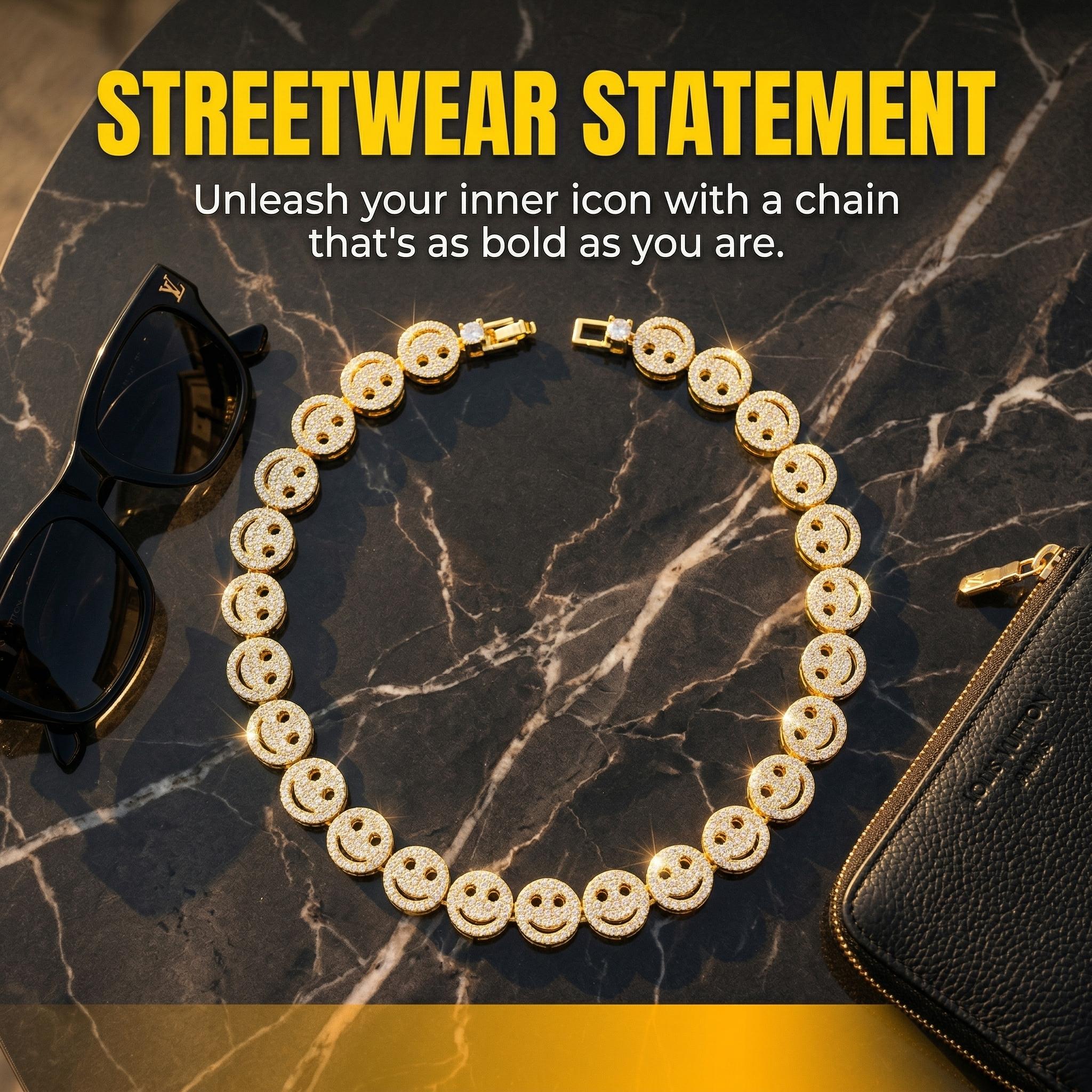 Hip-Hop Alloy Smiley Face Necklace & Full-Rhinestone Cuban Link Bracelet — Interlocking Ring Design, Edgy Punk Style (Unisex)