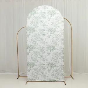 Spandex Fitted Chiara Backdrop Cover – French Toile Floral in Dusty Sage Green & White, Round Top Wedding Arch Slipcover 7ft