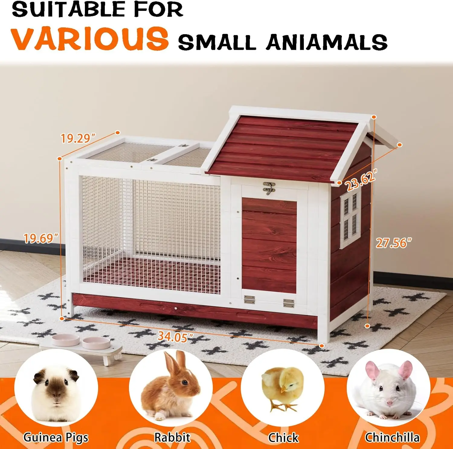 GAOMON White Wooden Rabbit Hutch - Indoor-Outdoor Small Animal Enclosure with Removable Wire Netting, Weatherproof Design, Anti-Chew Metal Frame Ramp, Wooden Kennel