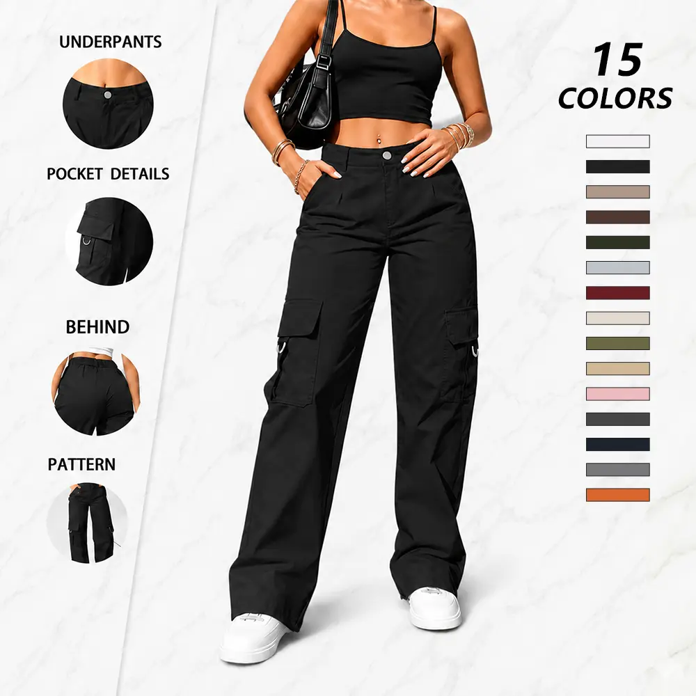 Women's Solid-Color Y2K High-Waisted Loose Straight-Leg Cargo Pants - Womenswear Bottoms, Lightweight Soft Fabric, Multiple Pockets, Relaxed Slimming Fit, Suitable for Outdoor Sports, Travel, Commuting, Bottom