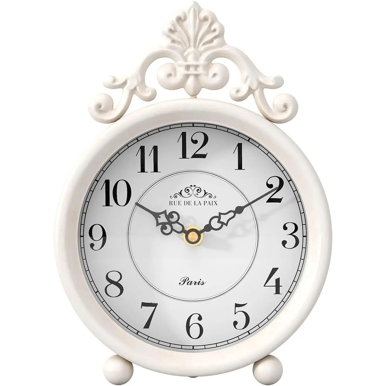 Vintage White Table Clock, Desk and Shelf Mantel Clock | French Rustic Antique Style Decor Clocks, for Farmhouse, Bedroom, Living Room, Bedside, Gift ( 9" H x 6.3" W )