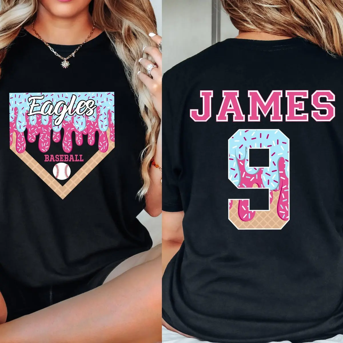 Personalized Baseball Drip Mama Shirt,Team Mom T Shirt with Kid Name number,Tball Mascot Custom Jersey, ice cream drip tee,Mother's Day Gift