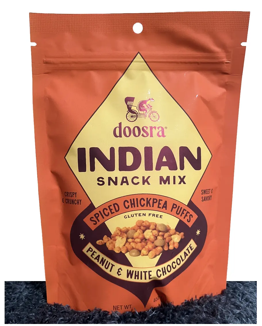 Doosra Indian Snack Mix - 4oz Gluten-Free Award-Winning Spicy Crunchy Chickpea Puffs, Roasted Peanuts & Creamy Caramelized White Chocolate, Plant-Based, Made in USA (Milk, Chickpeas, Crispy Puffs Base)