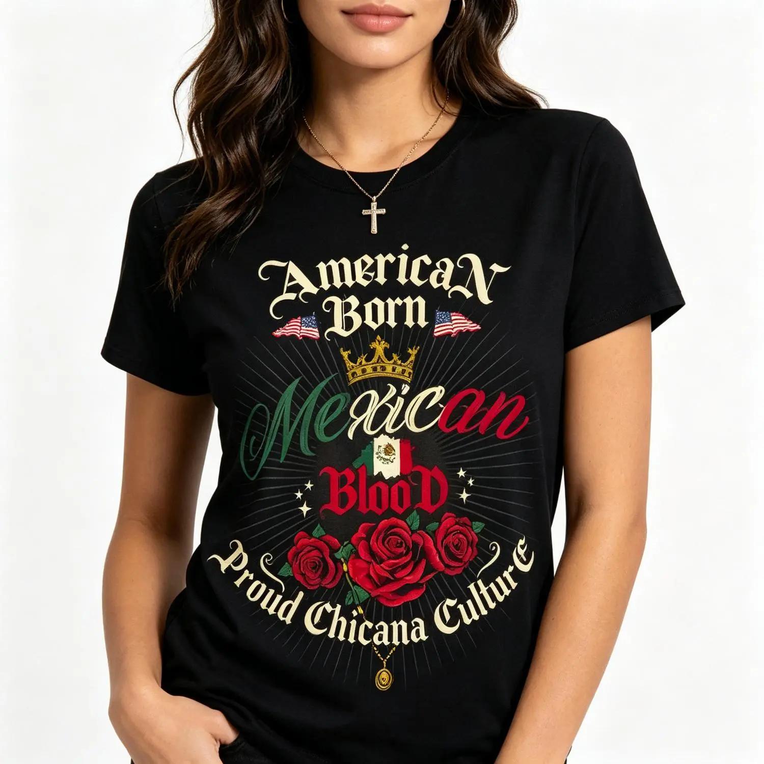 American Born Mexican Blood Proud Chicana Culture Cotton T-shirt My Roots Mexican Heritage Top