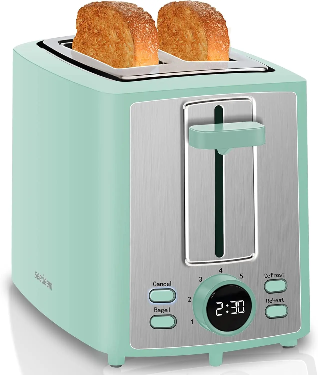 SEEDEEM 2-Slice Stainless Steel Smart Control Toaster with Color LCD Display, 7-Shade Browning, 1.4" Wide Slots, Bagel-Side Bake, Defrost Frozen, Reheat Functions, Removable Crumb Tray, 900W Kitchen Breakfast Appliance