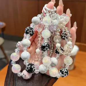 Butterfly pink pendant Mobile phone chain Sparkling Beaded Phone Wrist Strap- Stylish Cellphone Lanyard Chain with Bracelet Design for Women, Wristlet for Smartphones-ZLSJL03