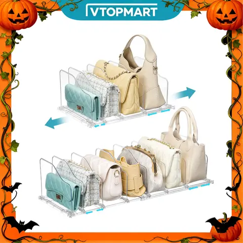 【Purse Station】Vtopmart Free-Adjustable Purse Organizer for Closet with 2 Base, Clear Handbags Storage Organizer, Fits Different Bag Sizes & Closet Shelf, Expandable Plastic Shelf Dividers for Handbags,Wallets,Organization Hacks, Fall reset, Black Friday