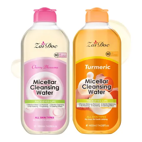 Turmeric & Cherry Blossoms Micellar Cleansing Water Cleanser - 400g, 0% Alcohol, Oil-Free, Moisturizing, Soothing, Hydrating, Gentle Cosmetic Remover for Sensitive, All Skin Types, Safe for Waterproof Eyeliner, Daily Face/Eyes/Lips Use