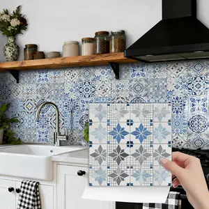 24PCS NHZ Blue Moroccan/Spanish Vintage Floral Tile Stickers, PVC Crystal Film with Mirror Gloss, Peel & Stick Removable No Residue, Easy to Clean Waterproof Wall Decals for Kitchen Bathroom Bedroom Office Indoor Decor