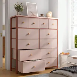 Dresser For Bedroom With 12 Fabric Drawers, Tall Dresser With Wooden Top & Metal Frame, Bedroom Dresser, Dressers & Chests Of Drawers, Room Decor, Home Deco, Festival Decor, Pink