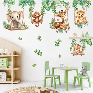 Jungle Animal Swing Decorative Wall Stickers, Lion Elephant Giraffe Tropical Leaf Wall Decals, Bedroom Living Room Dining Room Home Decorations, Nature