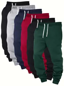 Men's 6-piece set of lightweight regular-fit casual sports pants for spring and autumn, featuring a solid color basic design with an elastic waistband drawstring and pockets, suitable for outdoor activities, commuting, and everyday street style, making it