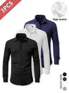 3-Pack Men’s Long Sleeve Shirts – High Stretch, Wrinkle-Resistant, Slim Fit, Business Casual Suit Style, FathersDayGift