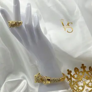 Valdes Luxury Gold Plated Panther Design Bangle Bracelet Set with Adjustable Ring