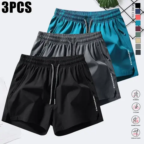 Men's 3-Pack Assorted Color Quick-Dry Athletic Casual Shorts - Adjustable Drawstring Elastic Waistband, Letter Print, Zipper, Slight Stretch, Pockets, Loose-Fitting, Machine Washable, Cold Wash, Ideal for Summer Workouts, Gym Sessions