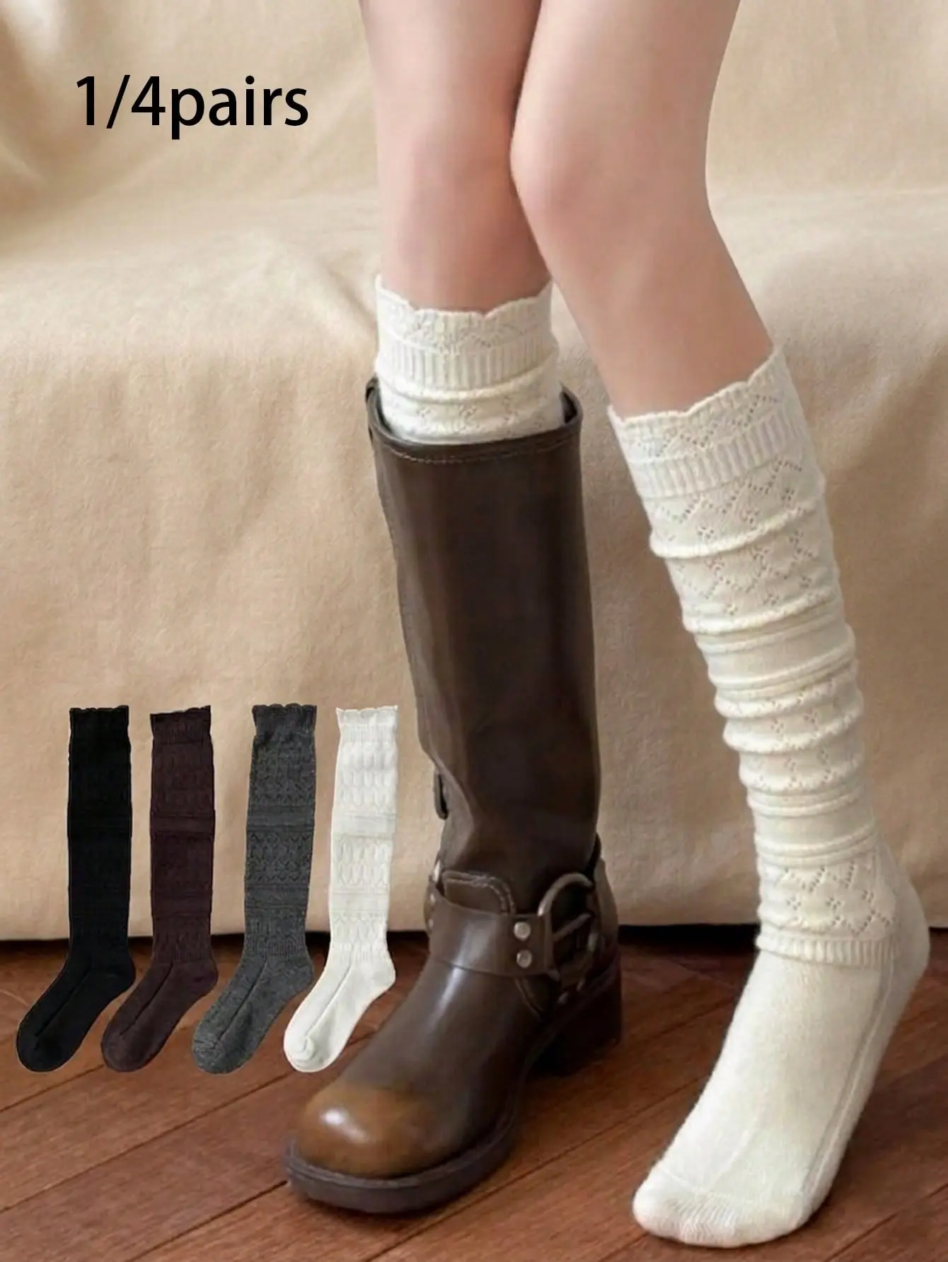 1/4 Pairs Women’s Knee-High Boot Socks | Cable Knit Plain Design With Lettuce Trim, Soft Winter High Tube Style | Vintage Aesthetic Socks for Boots, Halloween, Weddings & Winter Outfits