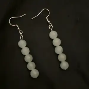 Jade Beaded Earrings - Simple Design with White Beads and Silver Hooks