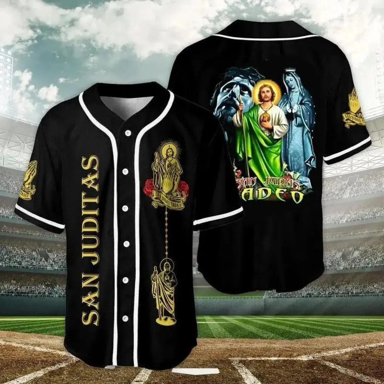 San Judas Tadeo Baseball Jersey for Men – Mexican Saint Jude Religious Button-Up Shirt, Catholic Faith Apparel and Gift for Believers