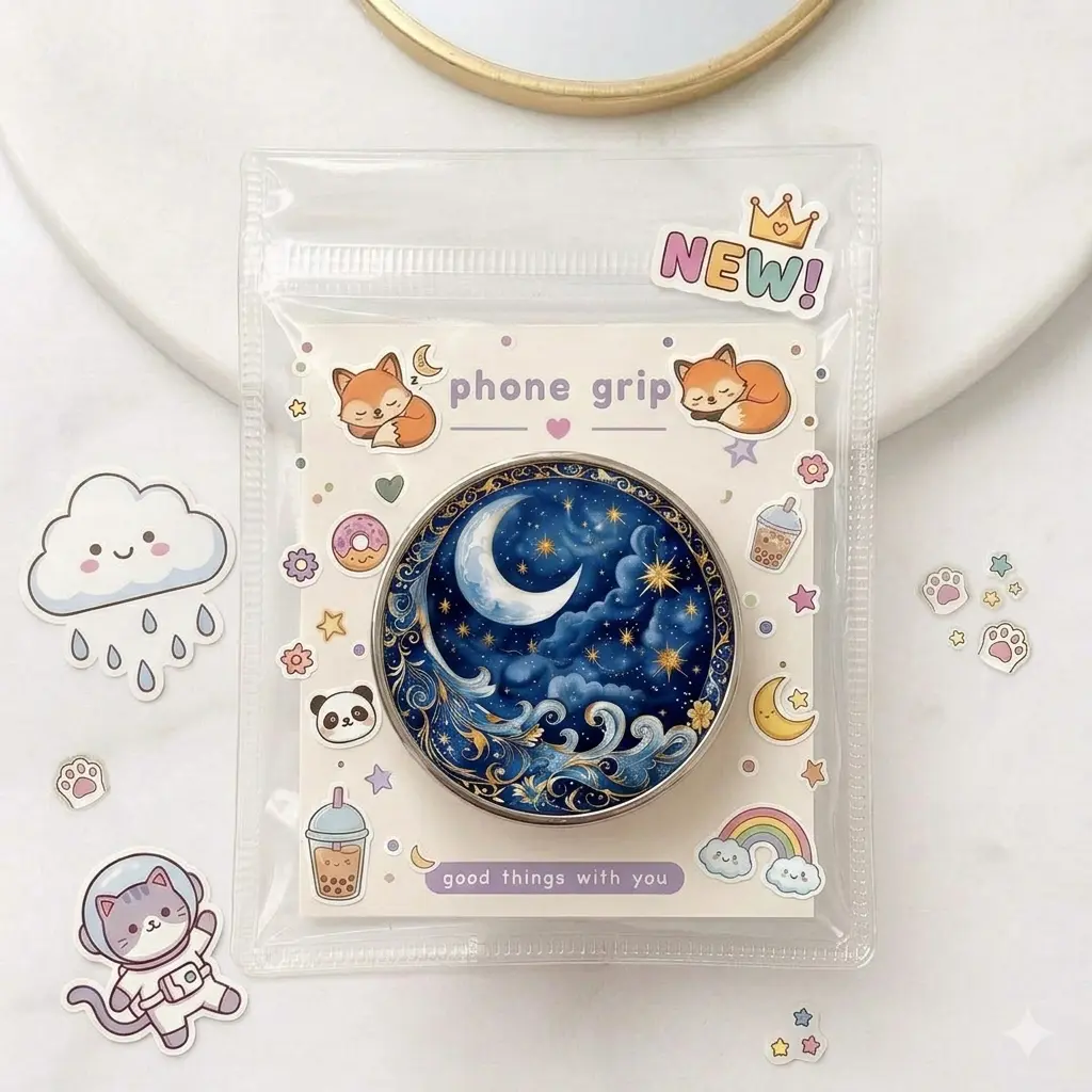 Celestial Moon Phone Grip Holder Cute Crescent Moon Stars Griptok Stand Aesthetic Mystical Night Sky Galaxy Phone Accessories Gift for Her Women Teen Girls