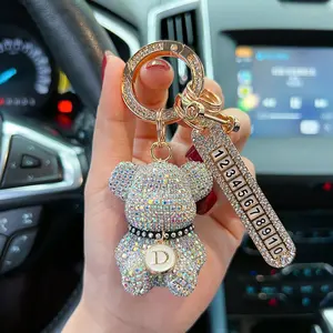 Fashionable Full-Diamond Sitting Bear Car Keychain with Optional Creative Letters and Diamond-Studded Number Plate Pendant to Prevent Key Loss