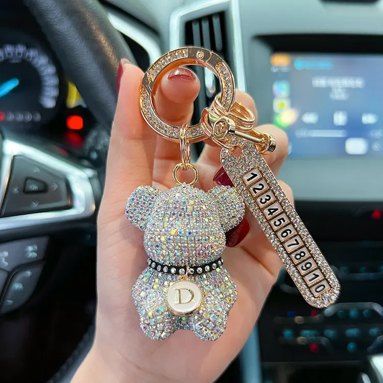 Fashionable Full-Diamond Sitting Bear Car Keychain with Optional Creative Letters and Diamond-Studded Number Plate Pendant to Prevent Key Loss