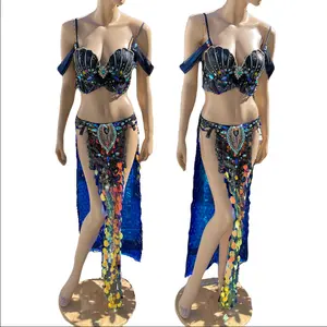 Black Holographic Sequins Mermaid Siren Belly Dancer 2 Piece