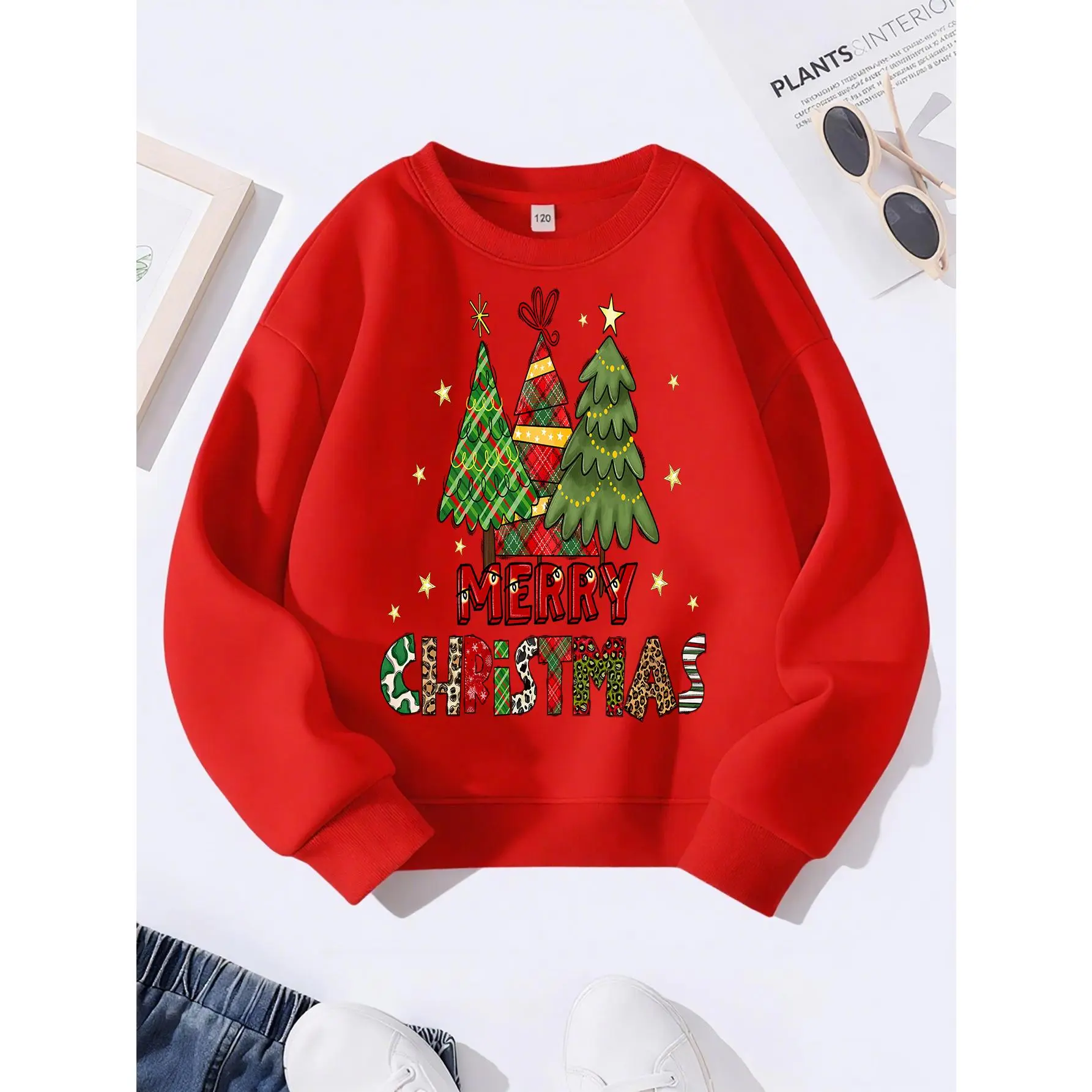 Girls' Christmas Sweater Sweater with Festive Tree & Candy Cane Print - Soft Round Neck Pullover, Red/Green/Golden Holiday Colors, Casual Winter & Fall Sweater for Xmas Parties & Casual Attire, Easy-Care Knit Fabric, Relaxed Fit for Layering, Hand Wash or