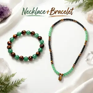 Money Attraction Necklace+ Bracelet With Green Aventurine & Tiger Eye Pendant Healing Crystal Stone ，Anniversary, Vacation &Theme Parties Jewelry Charms Abundance Crystal bracelet，Long Chain，Sweater chain，Ideal Gift Jewelry for Men and Women