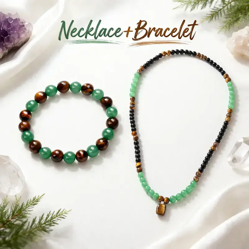 Money Attraction Necklace+ Bracelet With Green Aventurine & Tiger Eye Pendant Healing Crystal Stone ，Anniversary, Vacation &Theme Parties Jewelry Charms Abundance Crystal bracelet，Long Chain，Sweater chain，Ideal Gift Jewelry for Men and Women
